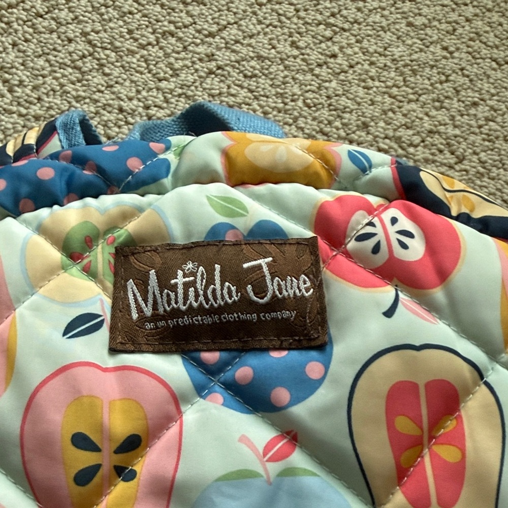 Matilda Jane Quilted Kids Backpack in Blue Gingham with Pink & Multi Fruit Print - Picture 2 of 5